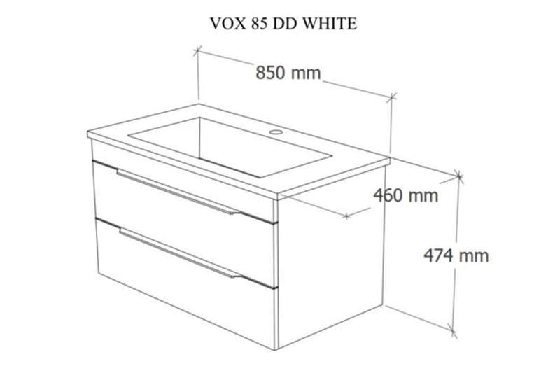 TMP VOX 85 FEHÉR fali fürdőszobabútor - öntött műmárvány mosdóval - 85 x 47 cm