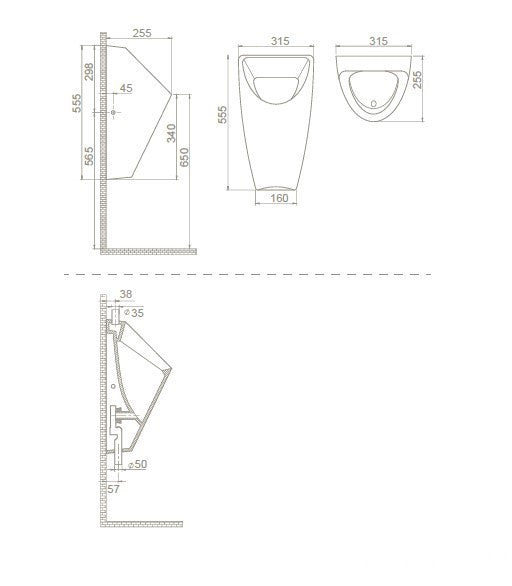 CeraStyle CITY - PISZOÁR - porcelán - FELSŐ vízbekötésű - szifonnal - 55 cm x 32 cm