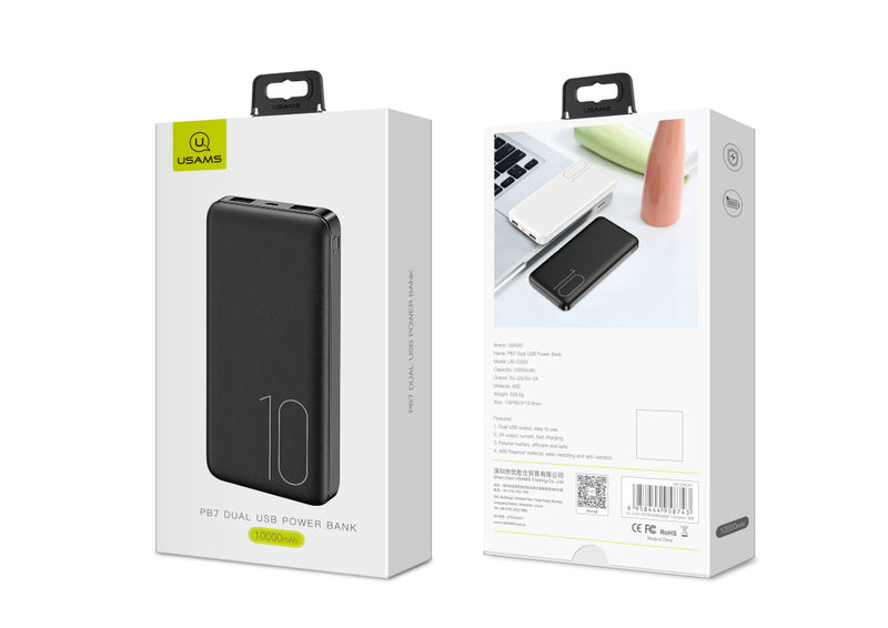 Usams 10000 mAh power bank dupla usb porttal 2A, fekete 1272577