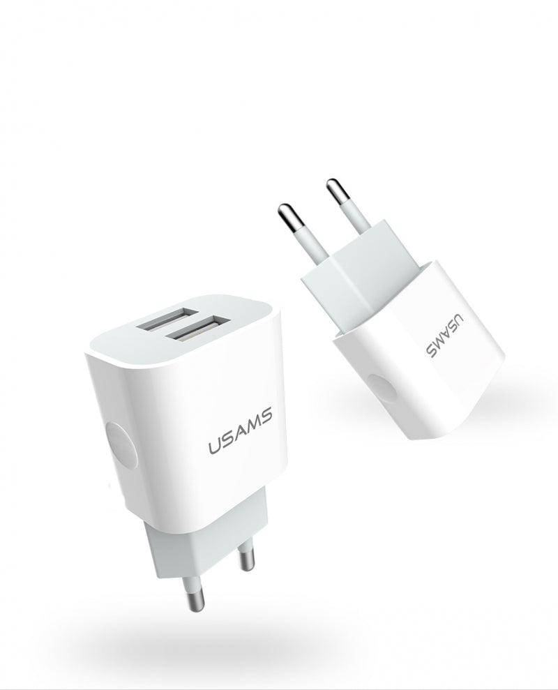 USAMS CC23TC01 Dupla USB-s hálózati töltő, 2.4A, fehér, 1299140