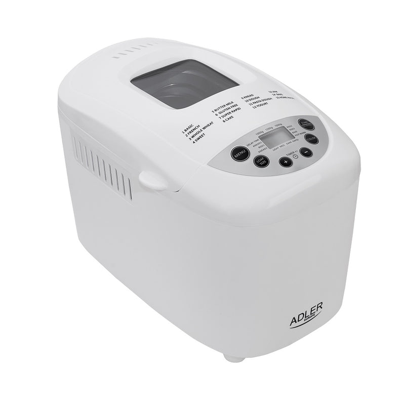 Adler AD6019 Kenyérsütő gép 15 programmal, Dupla keverővel, 850W, Fehér