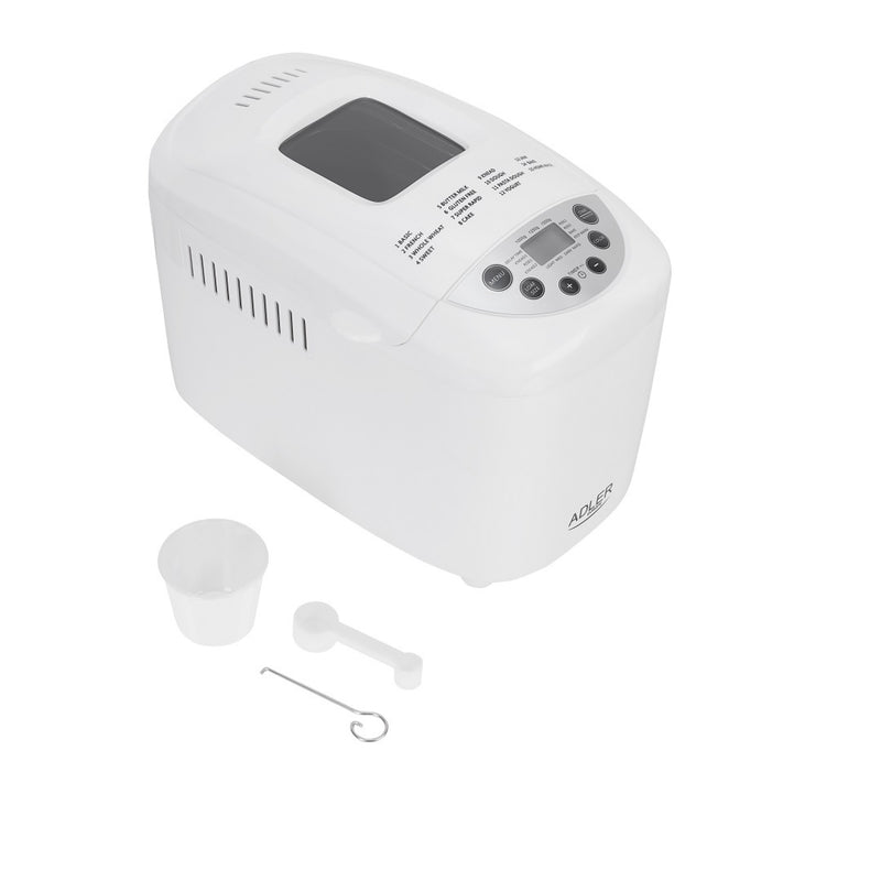 Adler AD6019 Kenyérsütő gép 15 programmal, Dupla keverővel, 850W, Fehér