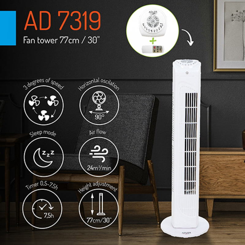 Adler AD7319 80W programozható fehér torony ventilátor