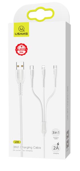 USAMS SJ367USB02 3 az 1-ben töltőkábel, Micro USB, Lightning, Type-C, fehér, 1341437