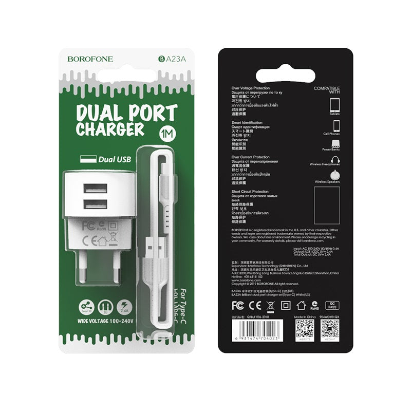 Borofone BA23A dupla usb portos hálózati töltőfej, 2,1A 100cm-es usb-c kábellel, 1366912