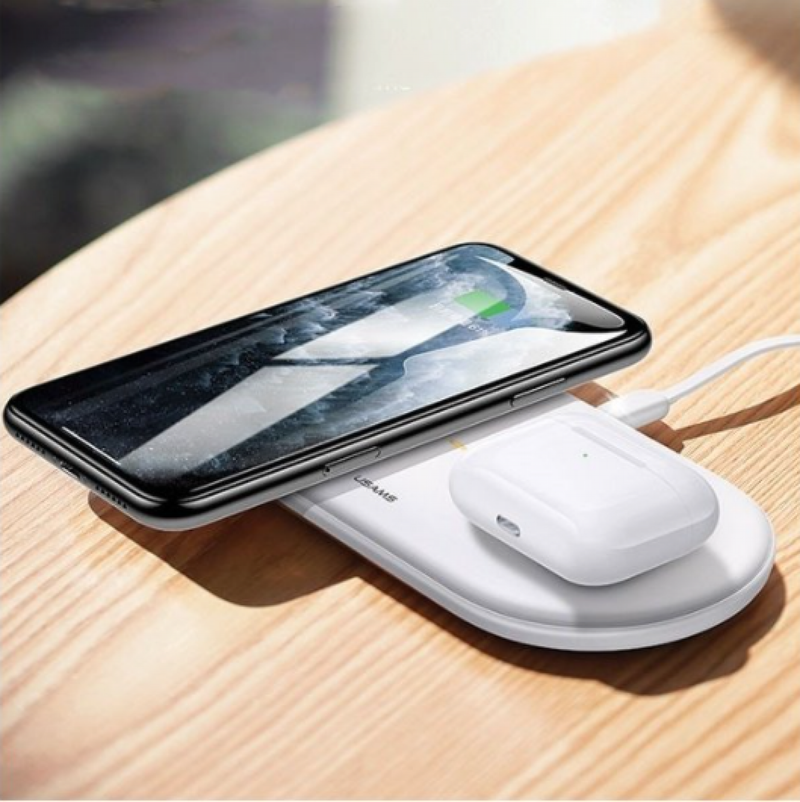 Usams CD120JN01 Wireless töltő egyszerre két eszköz vezeték nélküli töltésére telefonhoz és vezeték nélküli fülhallgatóhoz 1345794