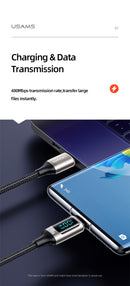 USAMS SJ546USB01 120cm-es textil borítású Type- to Type-c PD gyorstöltő kábel LCD kijelzővel 100W, 5A 1380752