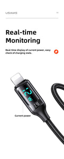 USAMS SJ543USB01 120cm-es szövet borítású lightning adat és töltőkábel LCD kijelzővel 2,4A 1380753