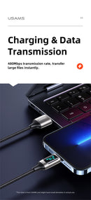 USAMS SJ543USB01 120cm-es szövet borítású lightning adat és töltőkábel LCD kijelzővel 2,4A 1380753