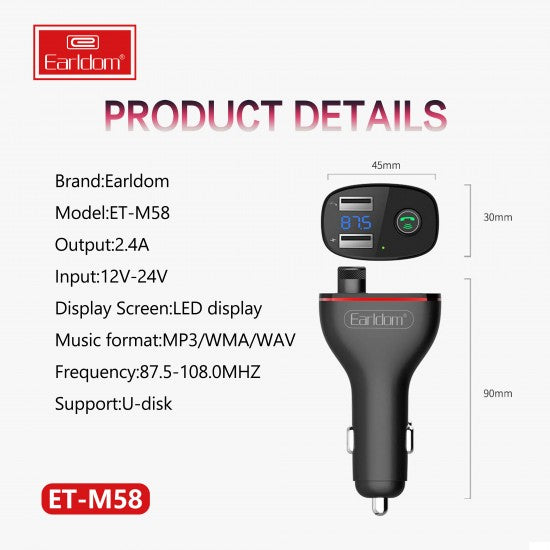 EARLDOM ET-M58 Fm transzmitter és autós töltő 2A