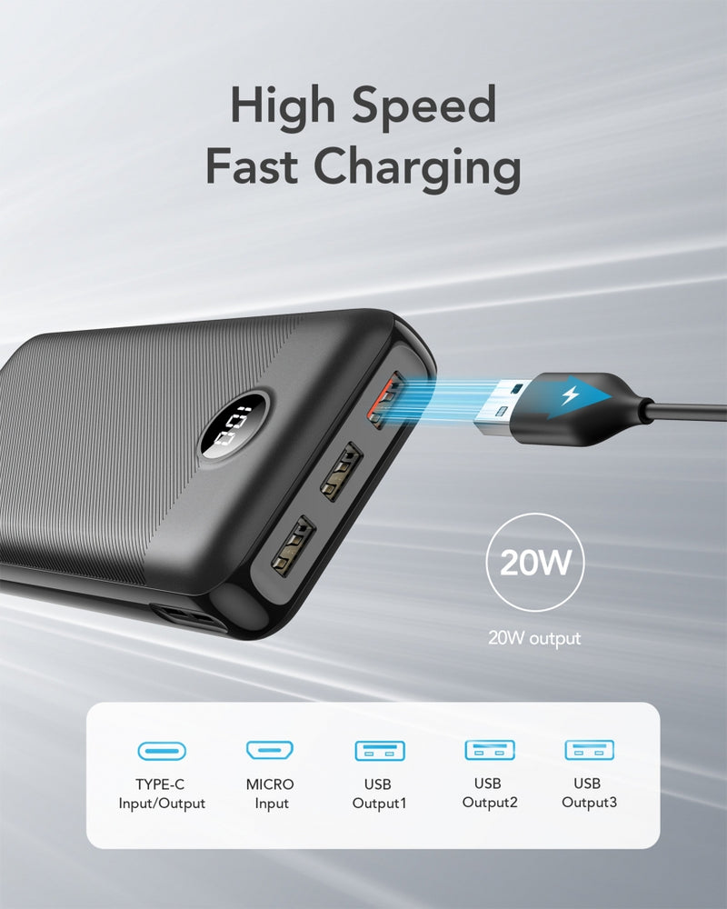 VEGER VP3008PD Power bank, fekete, 30.000mAh, PD 18W, QC 18W, 3 usb és 1 usb-c kimenet, 1405104