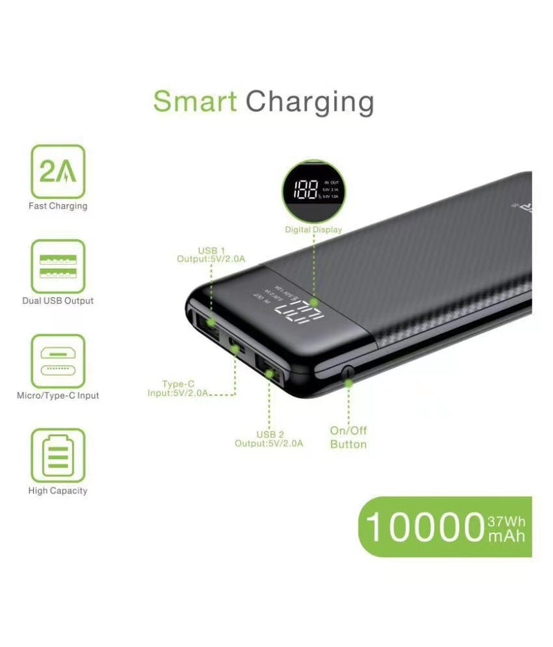 VEGER VP1087 Power bank , fekete, 10.000mAh,5V-2a, 3 usb és 1 type-c kimenettel. LED kijelzővel,1405105
