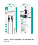 USAMS SJ536USB02 1,2 m textil borítású usb-c töltőkábel színes led fénnyel, 6A