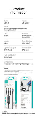 USAMS SJ582USB01 3 az 1 ben (micro usb, lightning, usb-c) gyorstöltő szövet kábel LCD kijlezővel