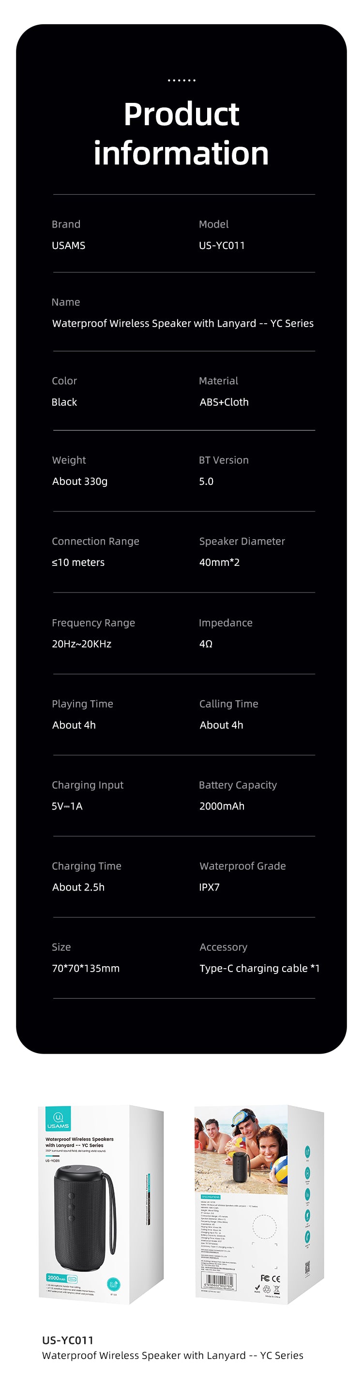 USAMS YC011YX01 Vízálló bluetooth hangszóró 360 fokos sztereo hangzással, 10W  BT.5.0