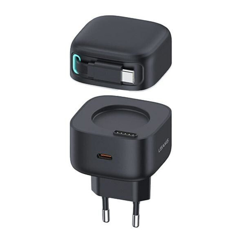 USAMS CC202TC01 Hálózati gyorstöltő GaN adapter 35W, visszahúzható usb-c kábellel, mágneses kábeldobbal