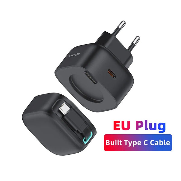 USAMS CC202TC01 Hálózati gyorstöltő GaN adapter 35W, visszahúzható usb-c kábellel, mágneses kábeldobbal