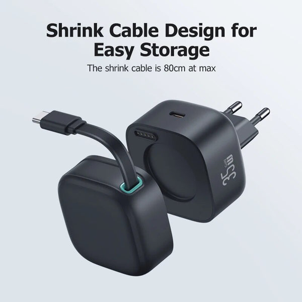 USAMS CC202TC01 Hálózati gyorstöltő GaN adapter 35W, visszahúzható usb-c kábellel, mágneses kábeldobbal