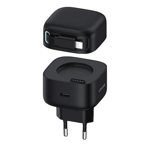 USAMS CC209TC01 Hálózati gyorstöltő GaN adapter 35W, visszahúzható lightning kábellel, mágneses kábeldobbal