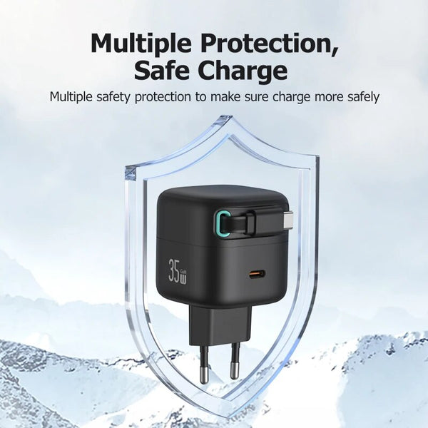 USAMS CC209TC01 Hálózati gyorstöltő GaN adapter 35W, visszahúzható lightning kábellel, mágneses kábeldobbal