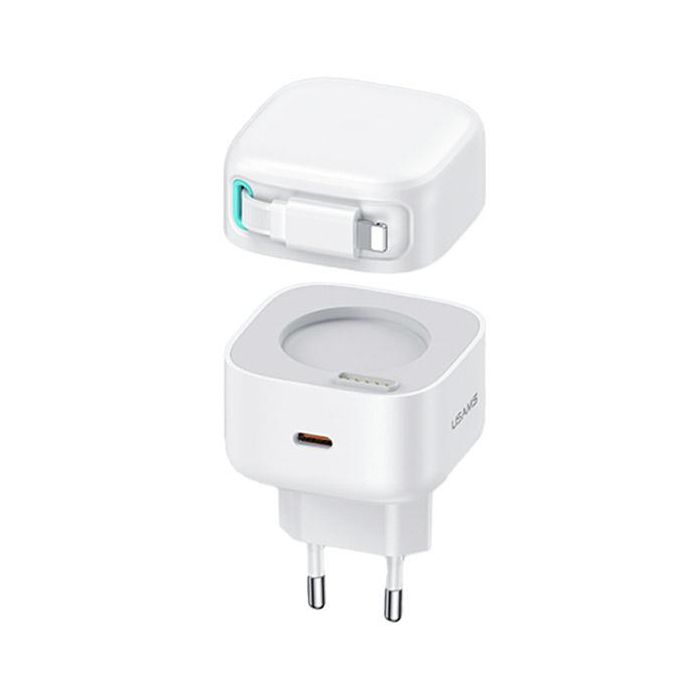 USAMS CC209TC02 Hálózati gyorstöltő GaN adapter 35W, visszahúzahtó lightning kábellel, mágneses kábeldobbal