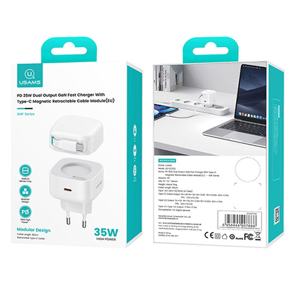 USAMS CC202TC02 Hálózati gyorstöltő GaN adapter 35W, visszahúzahtó usb-c kábellel, mágneses kábeldobbal