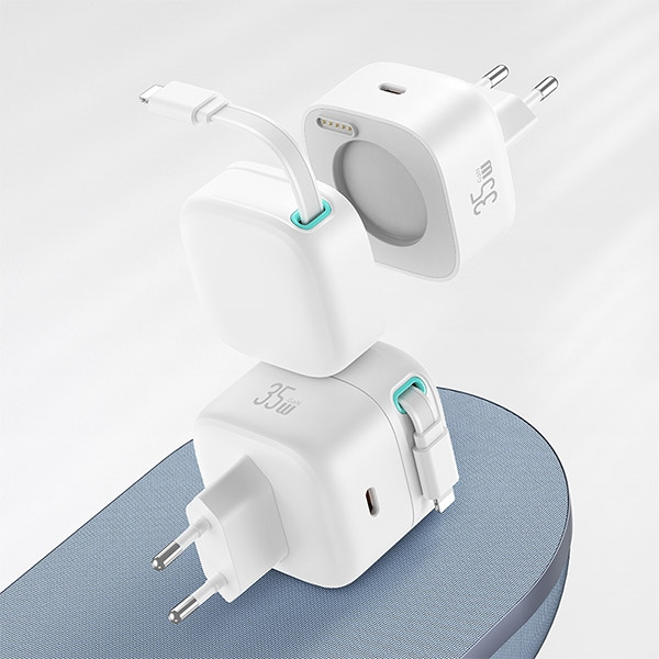 USAMS CC202TC02 Hálózati gyorstöltő GaN adapter 35W, visszahúzahtó usb-c kábellel, mágneses kábeldobbal