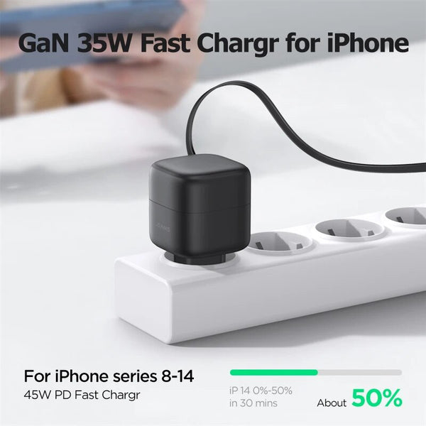 USAMS CC209TC02 Hálózati gyorstöltő GaN adapter 35W, visszahúzahtó lightning kábellel, mágneses kábeldobbal