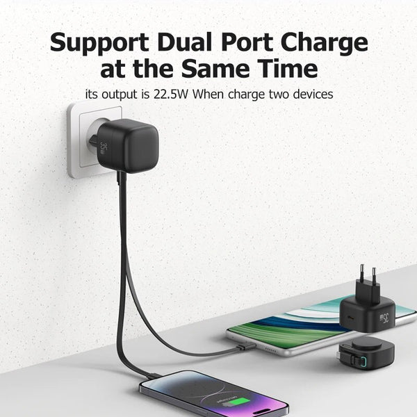 USAMS CC209TC02 Hálózati gyorstöltő GaN adapter 35W, visszahúzahtó lightning kábellel, mágneses kábeldobbal