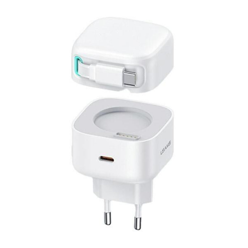 USAMS CC202TC02 Hálózati gyorstöltő GaN adapter 35W, visszahúzahtó usb-c kábellel, mágneses kábeldobbal
