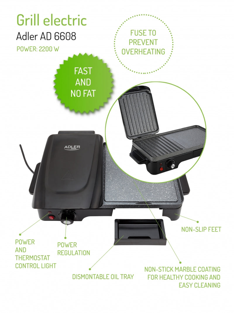 ADLER AD6608 Elektromos Grillsütő, 2200W, Fekete