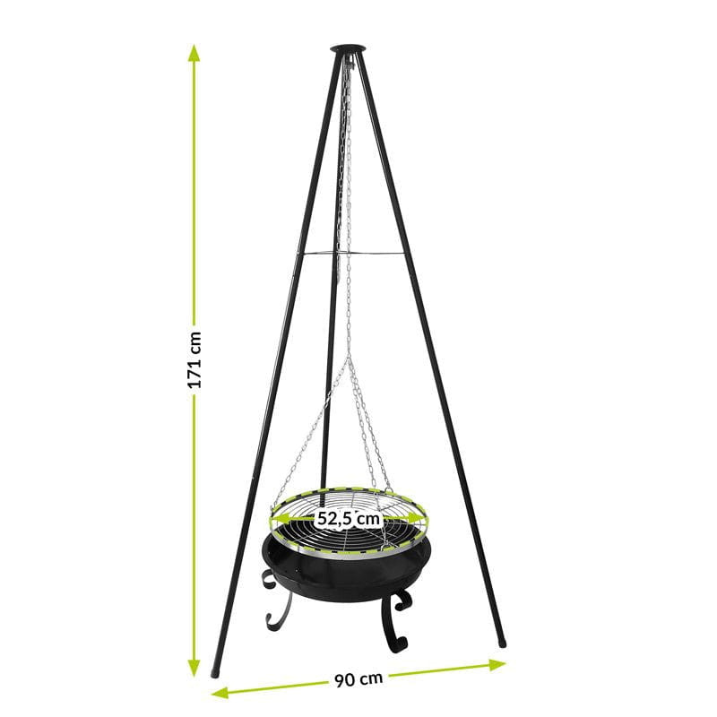 Függesztett grillrács háromlábbal, tűzrakóval