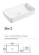 EROS SLIM 2 - PULTRA ültethető - Top Counter - porcelán mosdó - 61 x 35 x 11 cm