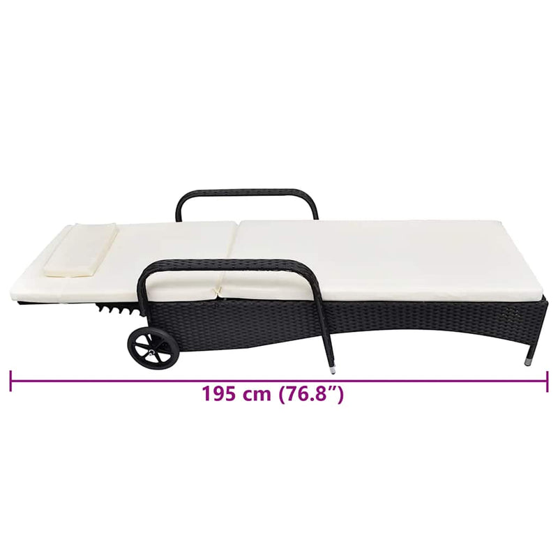 vidaXL fekete polyrattan napozóágy párnával és kerekekkel