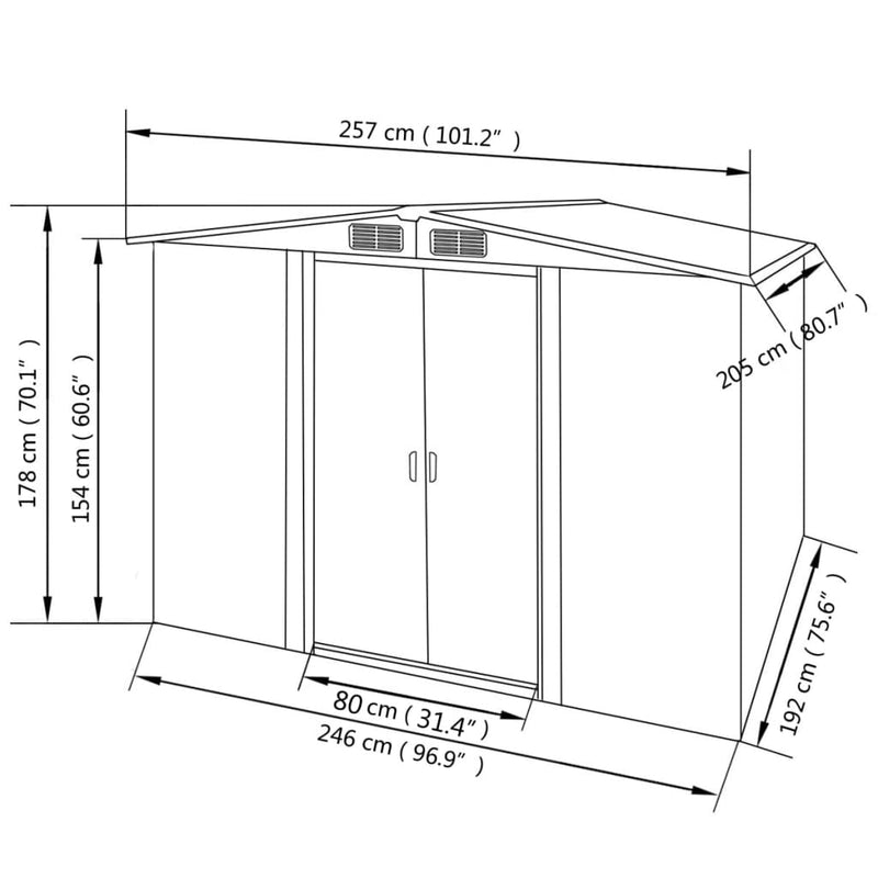 vidaXL zöld fém kerti fészer 257 x 205 x 178 cm