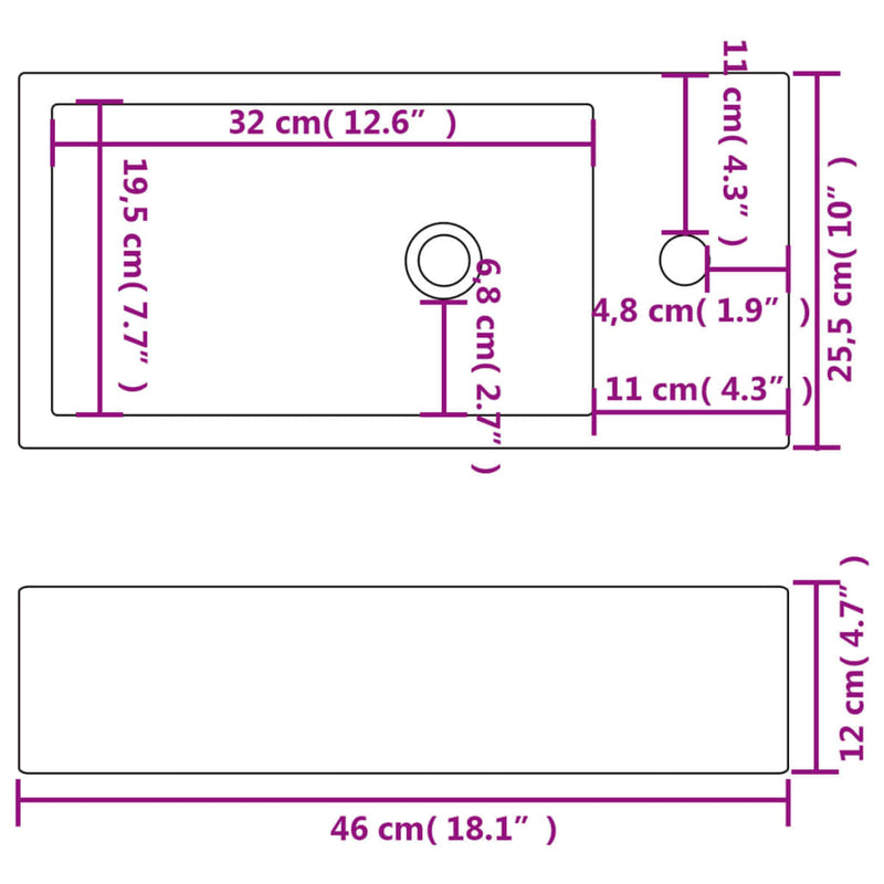 vidaXL téglalap-alakú, fehér kerámia mosdókagyló csaptelep furattal 46x25,5x12 cm