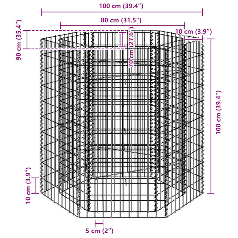 vidaXL hatszögletű gabion magaságyás 100 x 90 x 100 cm