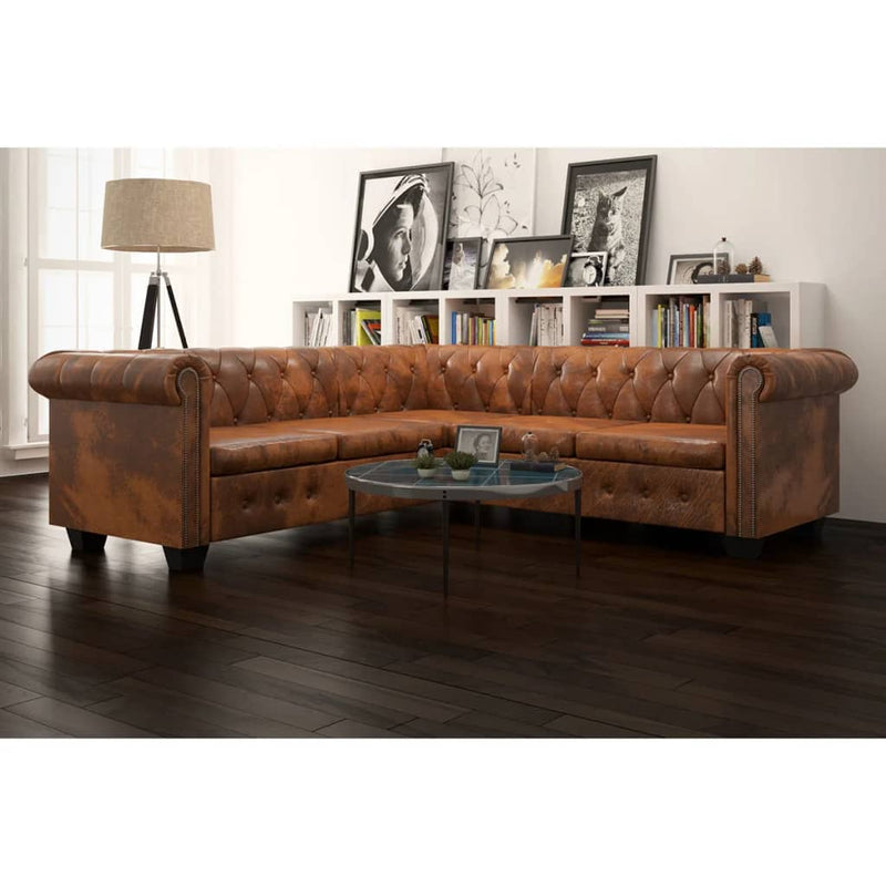 vidaXL 5 személyes barna műbőr Chesterfield sarokkanapé