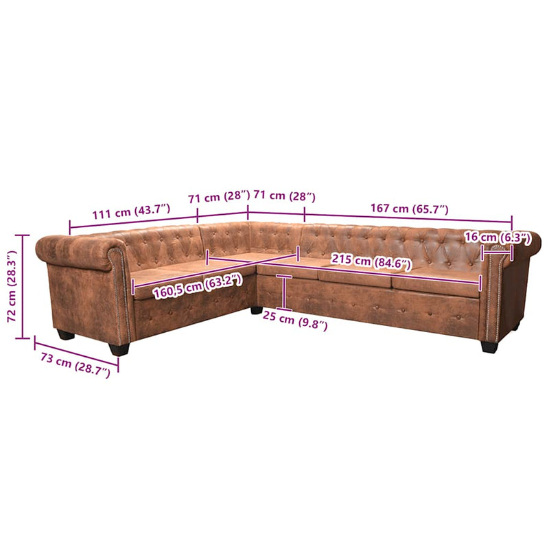 vidaXL 6 személyes barna műbőr Chesterfield sarok kanapé