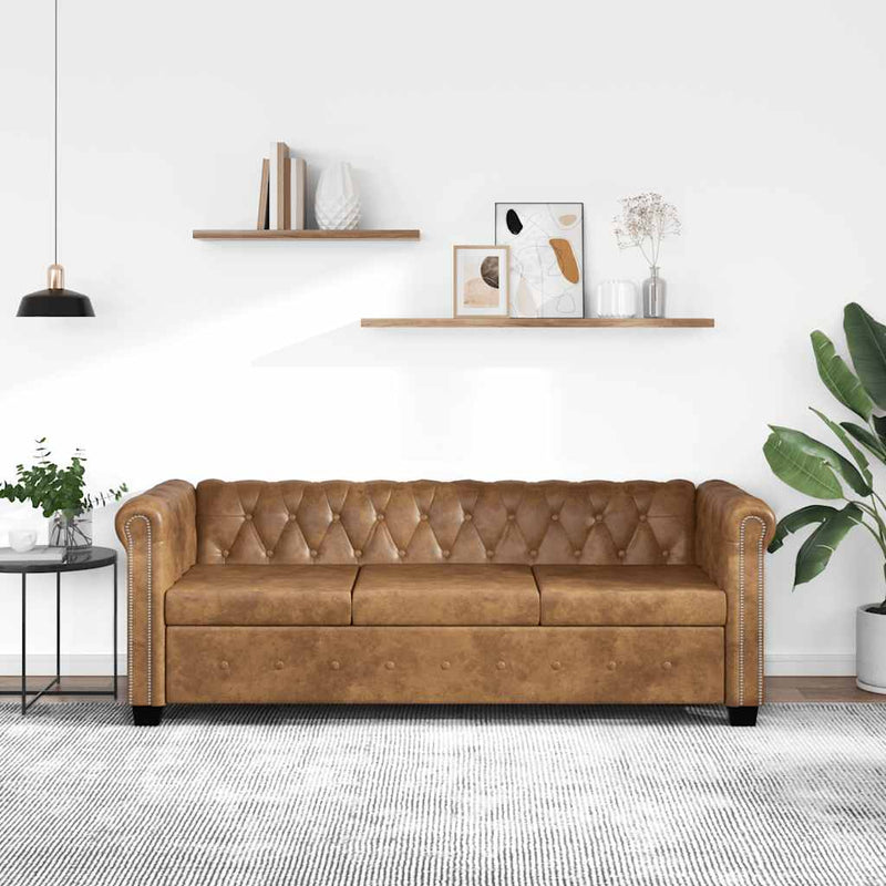 vidaXL 3 személyes barna műbőr Chesterfield kanapé