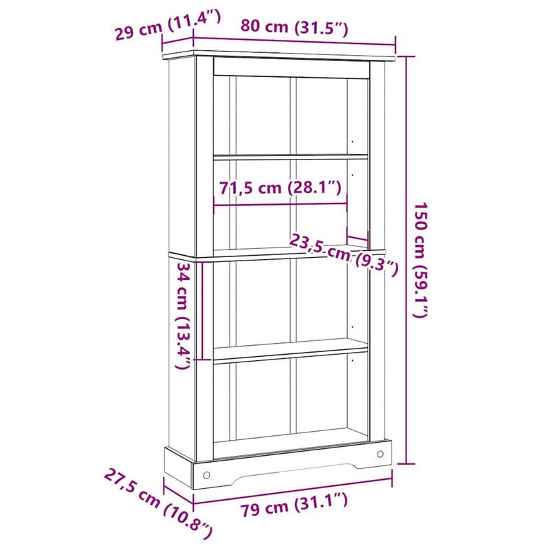 vidaXL 4 szintes Corona-stílusú mexikói fenyő könyvespolc 80x29x150 cm