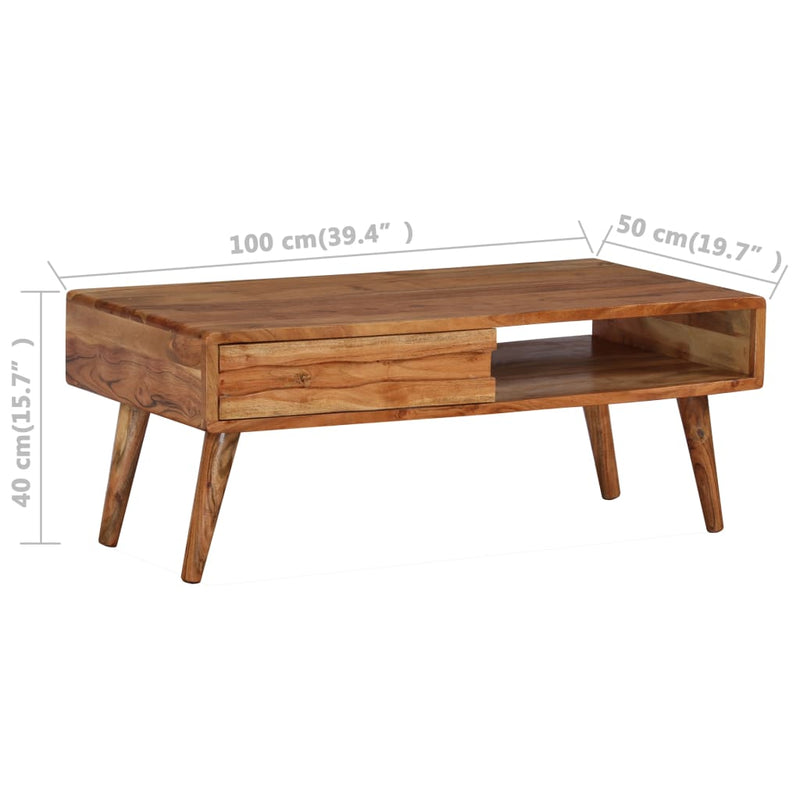vidaXL tömör fa dohányzóasztal faragott fiókkal 100 x 50 x 40 cm