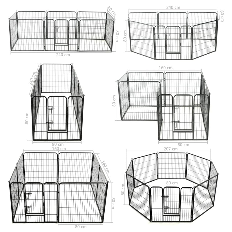 vidaXL fekete színű acél kutyakennel 8 panelből 80 x 80 cm