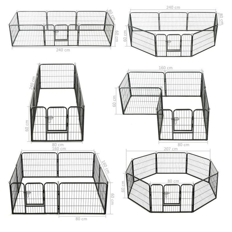 vidaXL fekete színű acél kutyakennel 8 panelből 60 x 80 cm