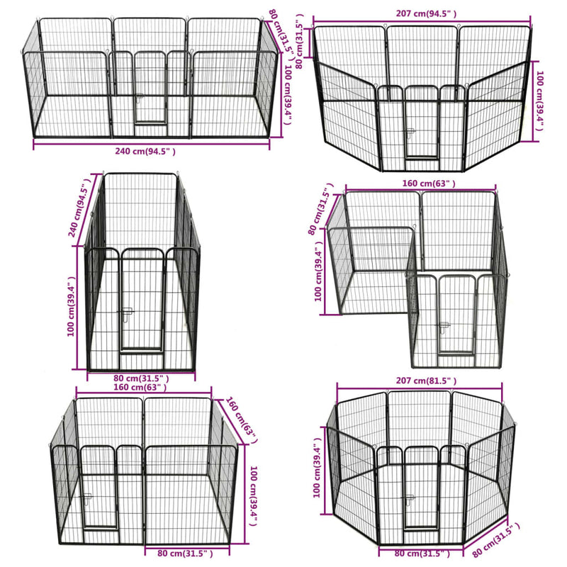 vidaXL fekete színű acél kutyakennel 8 panelből 80 x 100 cm