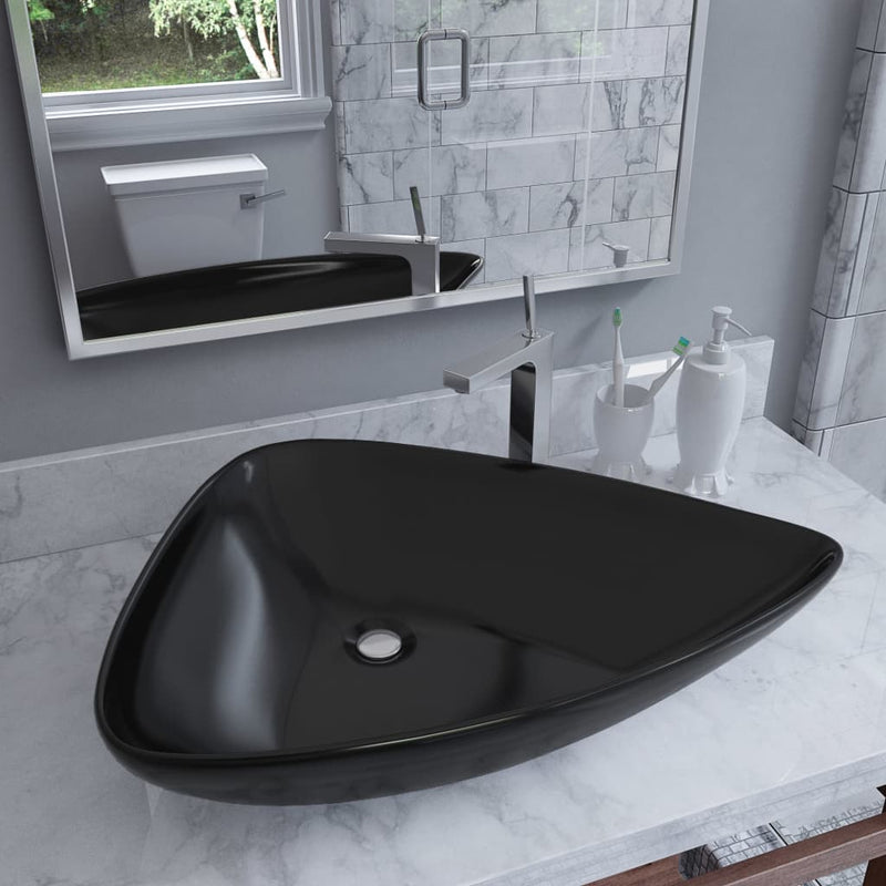vidaXL háromszög alakú fekete kerámia mosdó 645x455x115 mm