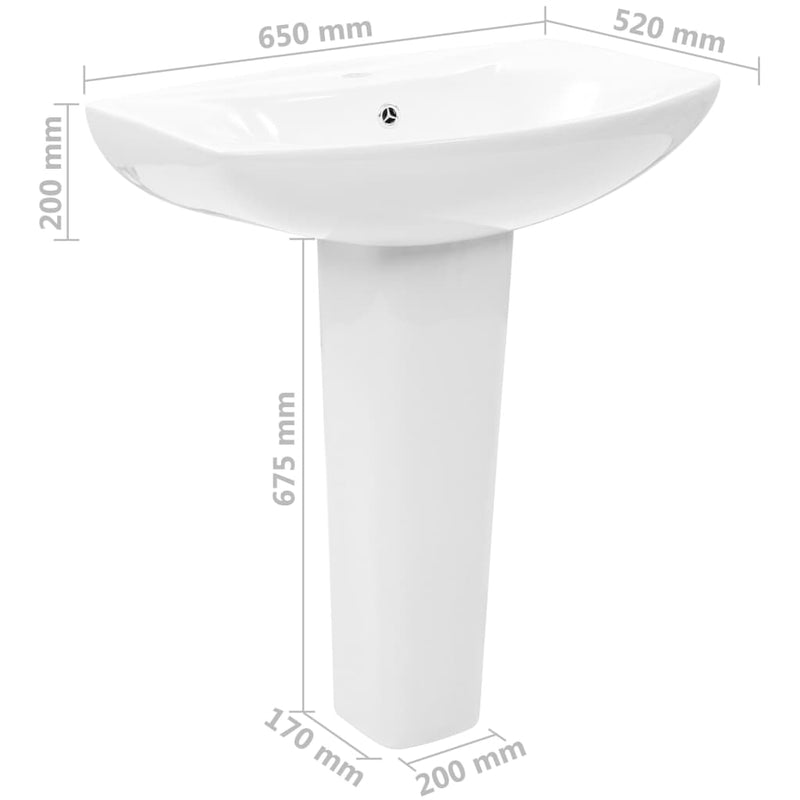 vidaXL szabadon álló fehér kerámia mosdókagyló lábbal 650x520x200 mm