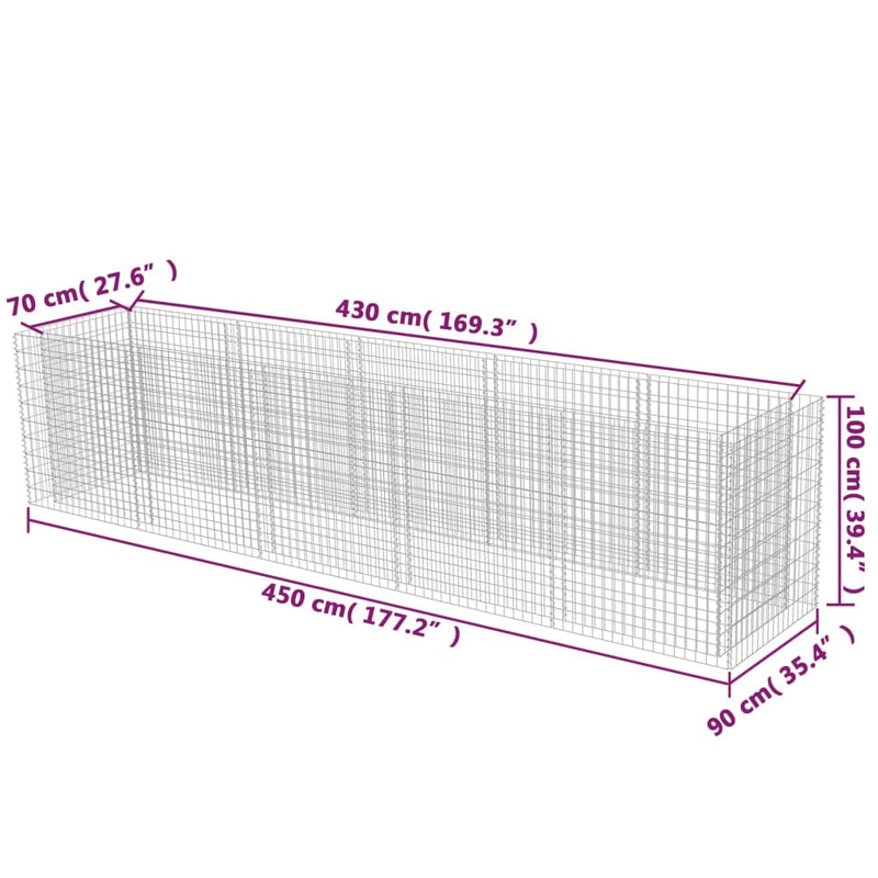 vidaXL horganyozott acél gabion magaságyás 450 x 90 x 100 cm