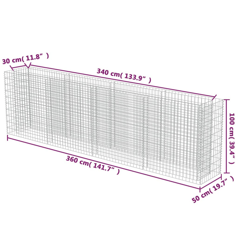 vidaXL horganyzott acél gabion magaságyás 360 x 50 x 100 cm