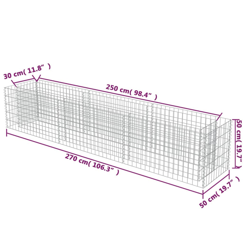 vidaXL horganyzott acél gabion magaságyás 270 x 50 x 50 cm